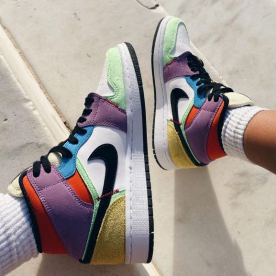 Air Jordan 1 Mid SE Multicolor Valkoinen/Musta/Lightbulb/Team Ora CW1140 100