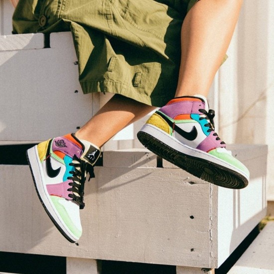Air Jordan 1 Mid SE Multicolor Valkoinen/Musta/Lightbulb/Team Ora CW1140 100